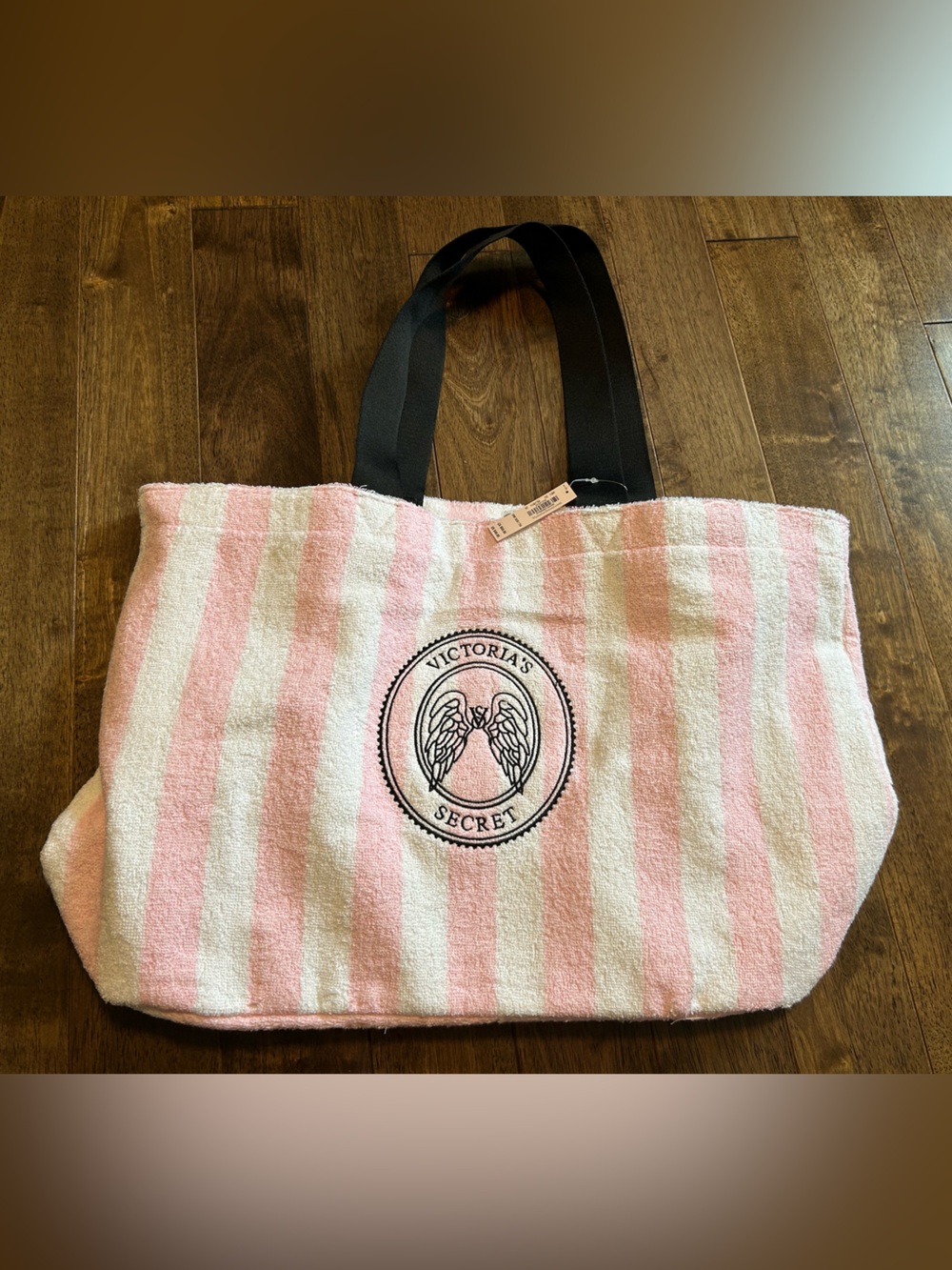 Victoria's Secret Pink and White Striped Beach Tote with Black Handles